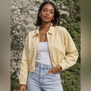 Vintage 90s Woolrich Women Jacket Cropped Soft Yellow Minimalist Size M